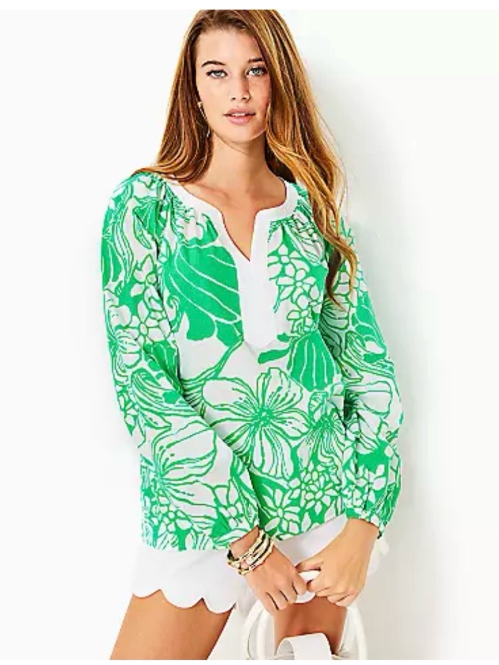 Lilly Pulitzer White Tunic with Green Leaf Print and Pink Label